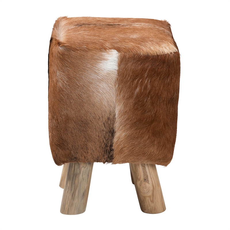 bali & pari Scotlyn Leather Footstool with Wood Legs - Rustic Boho Accent Seat