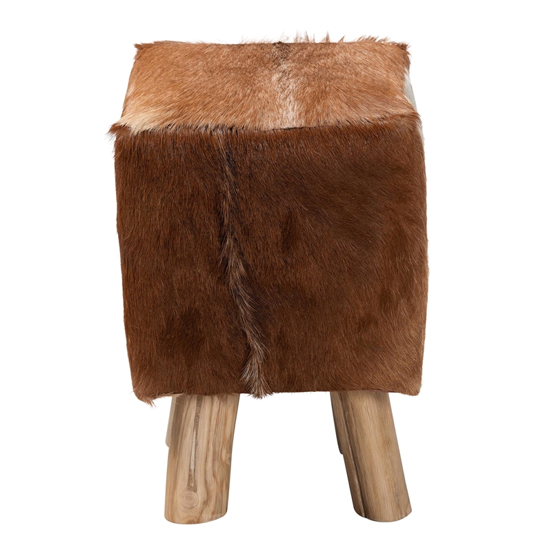 bali & pari Scotlyn Leather Footstool with Wood Legs - Rustic Boho Accent Seat