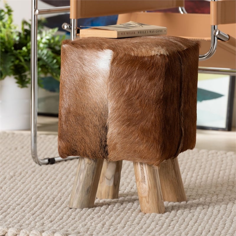 bali & pari Scotlyn Leather Footstool with Wood Legs - Rustic Boho Accent Seat
