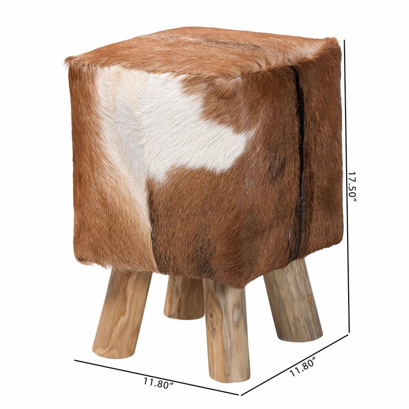 bali & pari Scotlyn Leather Footstool with Wood Legs - Rustic Boho Accent Seat