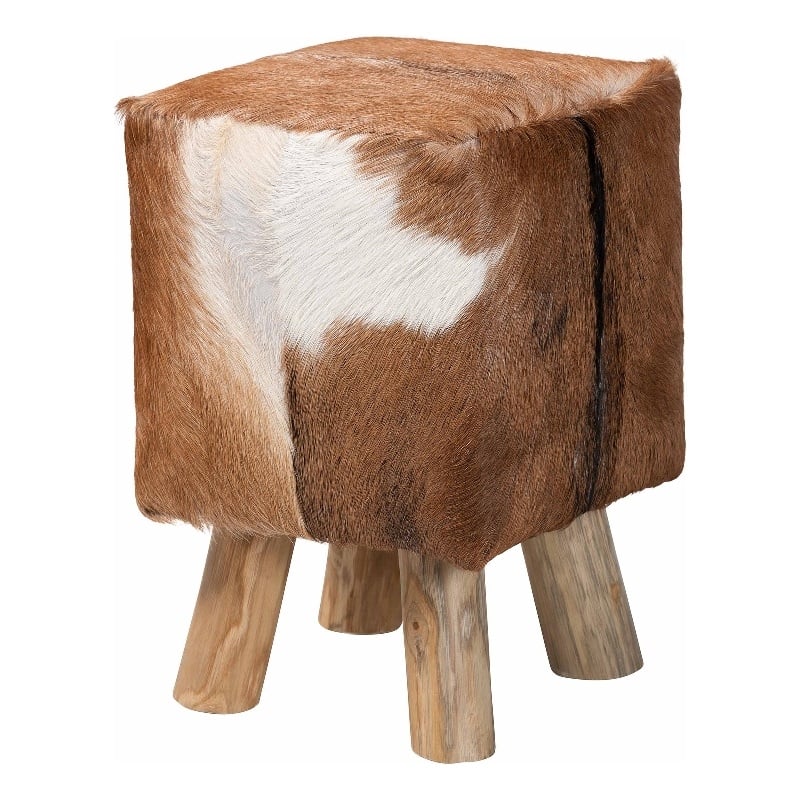 bali & pari Scotlyn Leather Footstool with Wood Legs - Rustic Boho Accent Seat