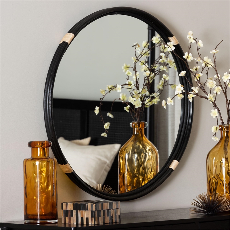 bali & pari Fenicia Rattan Wall Mirror with Black Frame - Decorative Mirror