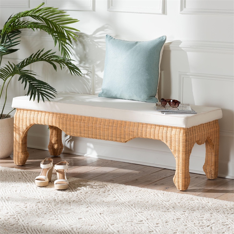 bali & pari Abena Natural Rattan Bench with Cushion - Boho Chic Accent Seating