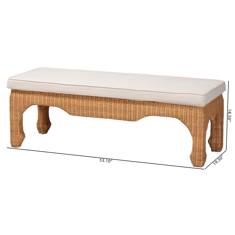bali & pari Abena Natural Rattan Bench with Cushion - Boho Chic Accent Seating