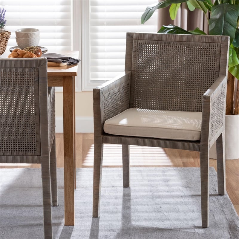 bali & pari Karis Rattan Dining Chair Armchair with Wood Frame Grey