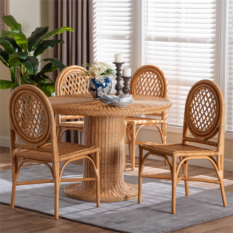 bali & pari Winslow 5 Piece Rattan Dining Set Table with Pedestal Base Honey