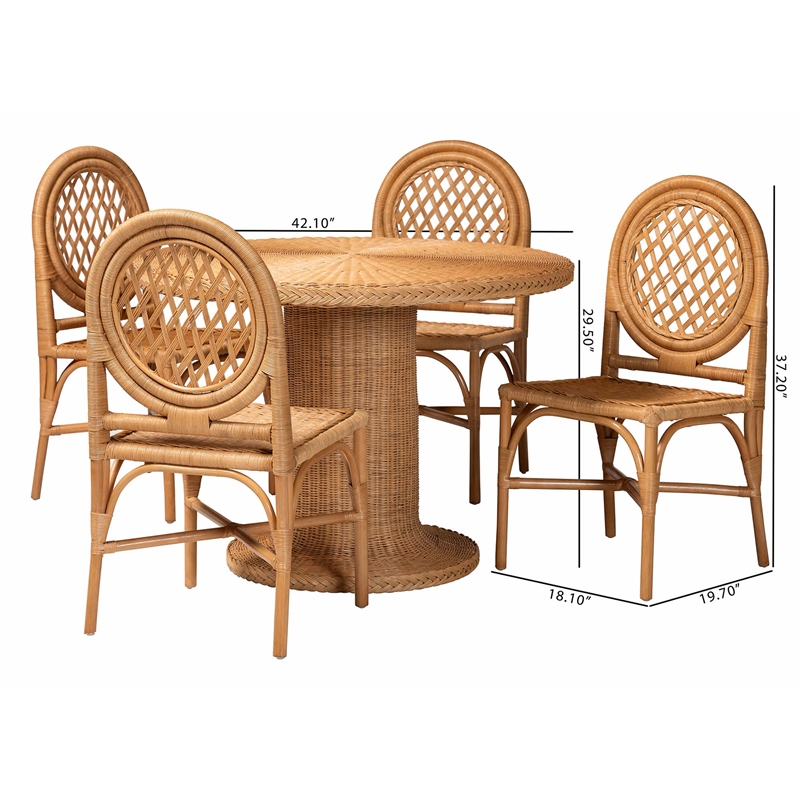 bali & pari Winslow 5 Piece Rattan Dining Set Table with Pedestal Base Honey