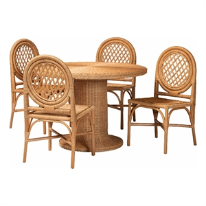 bali & pari Winslow 5 Piece Rattan Dining Set Table with Pedestal Base Honey