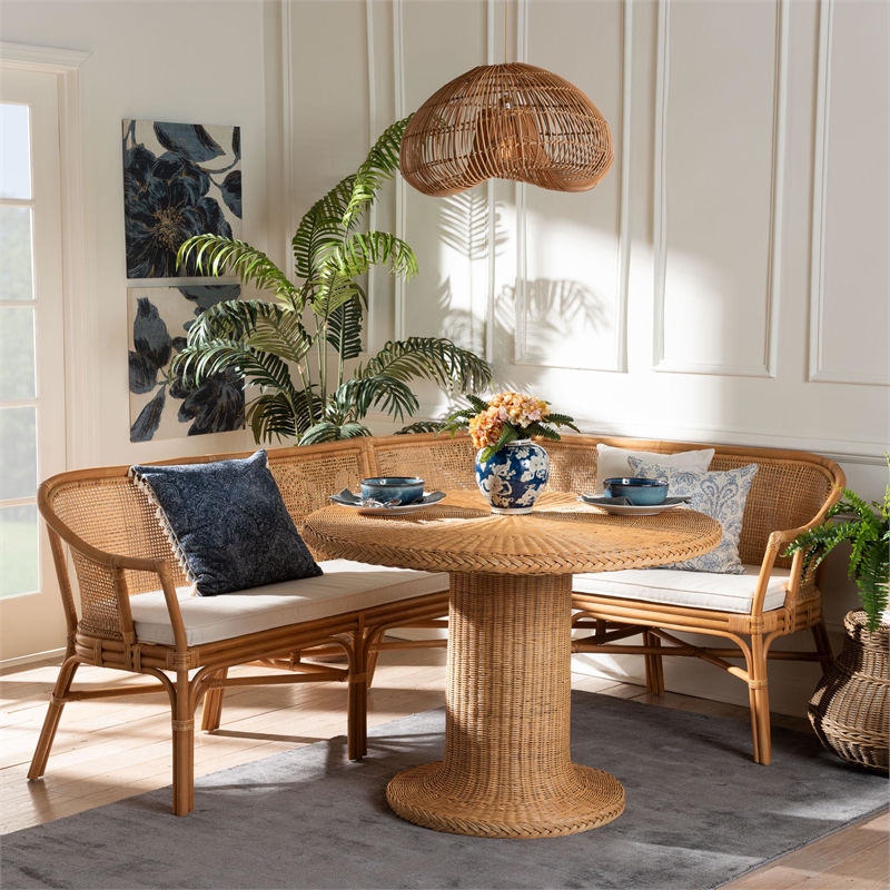 bali & pari Aara 3-Piece Natural Rattan Dining Nook Set - L-Shaped Corner Bench