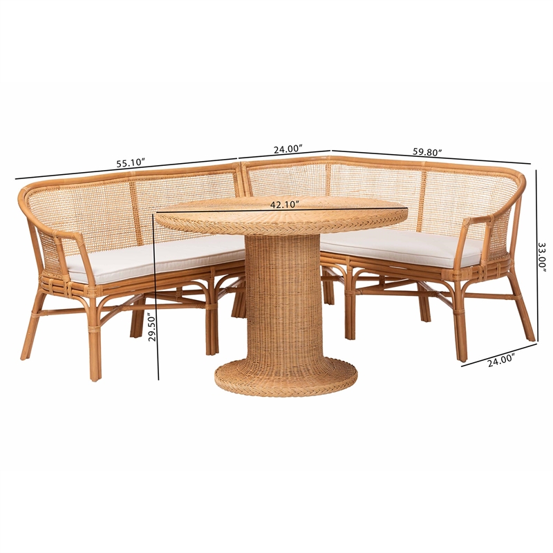 bali & pari Aara 3-Piece Natural Rattan Dining Nook Set - L-Shaped Corner Bench
