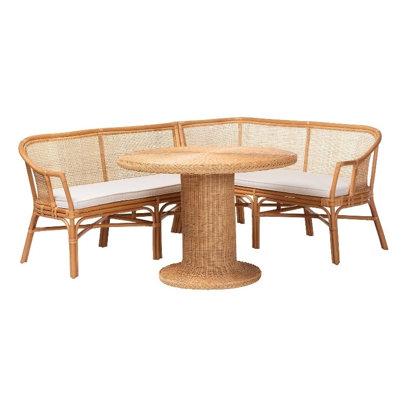 bali & pari Aara 3-Piece Natural Rattan Dining Nook Set - L-Shaped Corner Bench