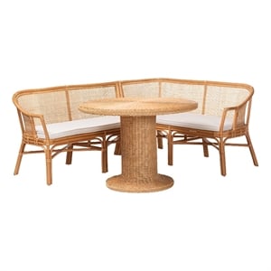 bali & pari Aara 3-Piece Natural Rattan Dining Nook Set - L-Shaped Corner Bench