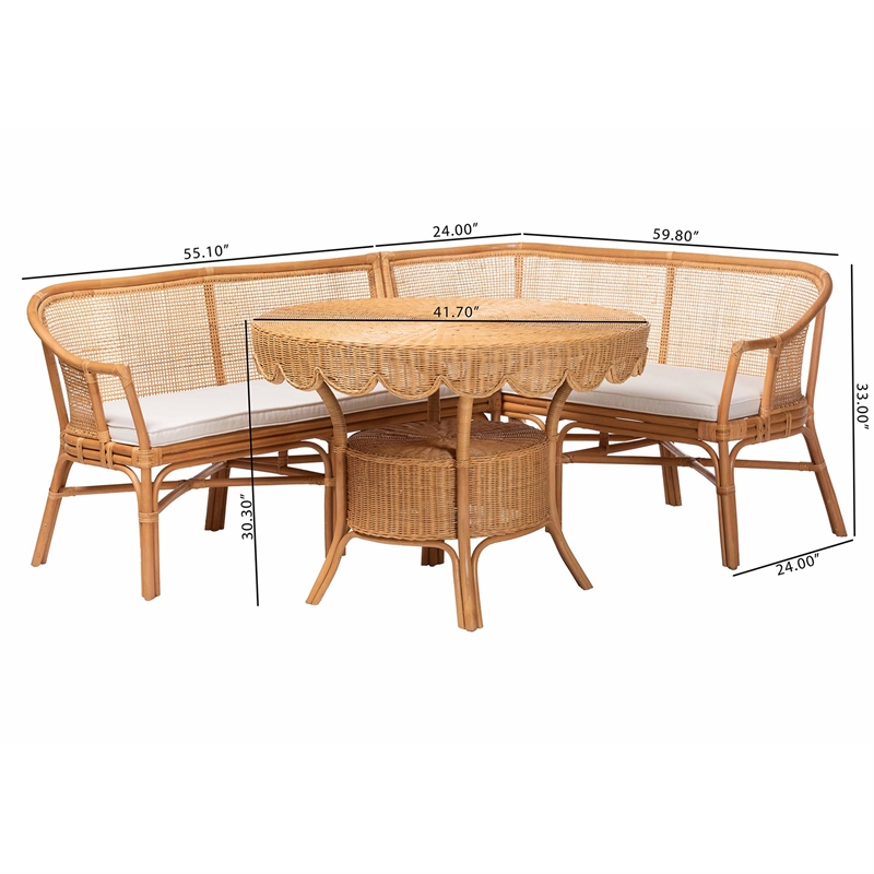 bali & pari Ceona 3-Piece Natural Rattan Dining Nook Set Banquette Seating