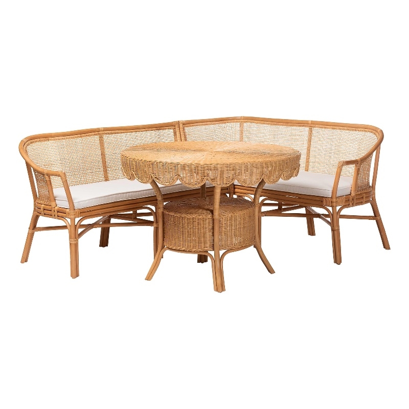 bali & pari Ceona 3-Piece Natural Rattan Dining Nook Set Banquette Seating