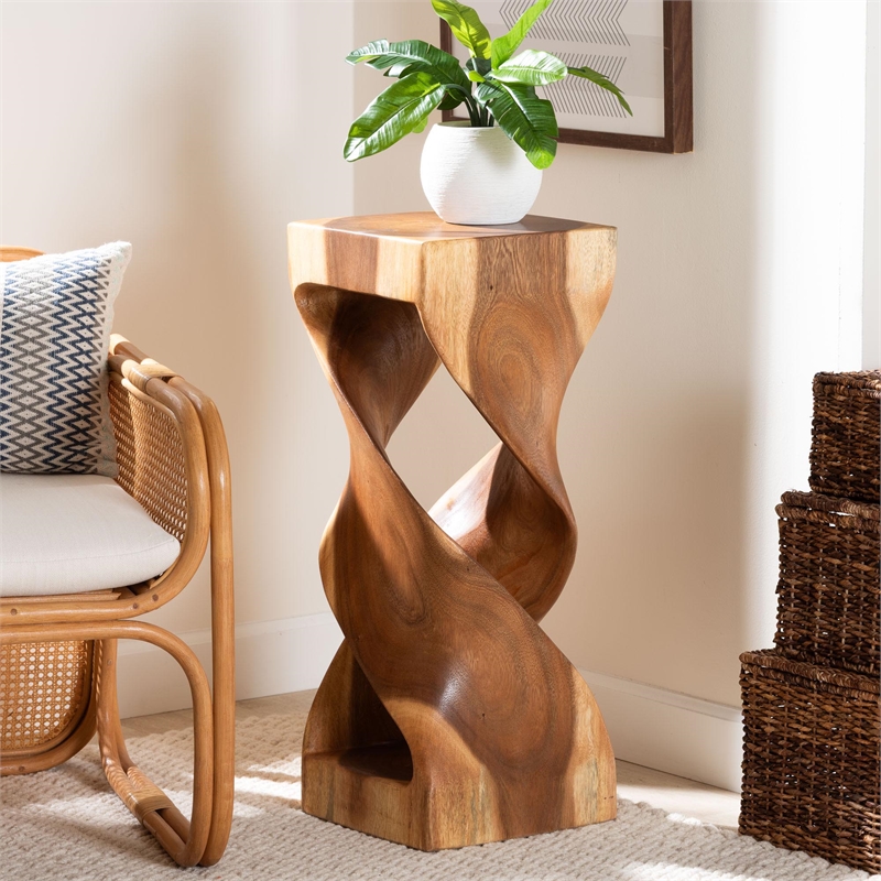 bali & pari Rapha Suar Wood Accent Table - Hand-Carved Sculptural Pedestal Stand
