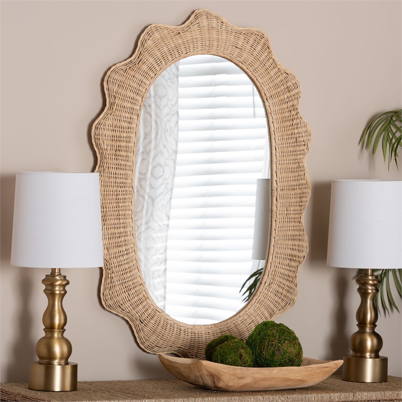 bali & pari Makoto Scalloped Rattan Wall Mirror - Handwoven Wicker Oval Frame
