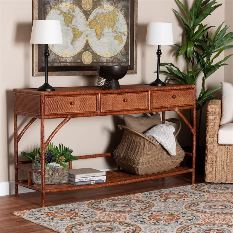 bali & pari Brier Marbled Tortoise Natural Rattan Console Table