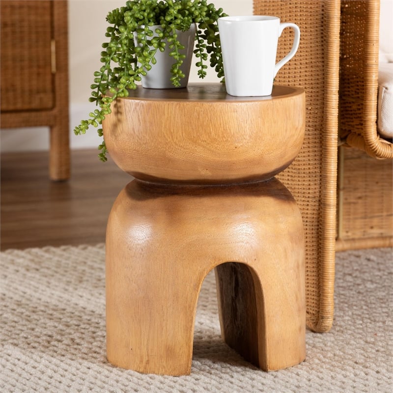 bali & pari Abrina Solid Suar Wood Side Table - Hand-Carved Sculptural End Table
