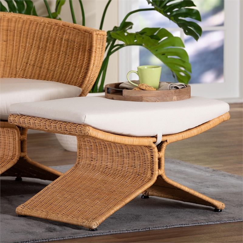 bali & pari Reya Natural Rattan Footstool - Sculptural Handwoven Ottoman
