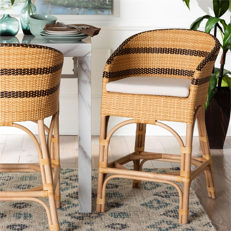 bali & pari Elma Rattan Counter Stool with Cushion - Barrel-Back Counter Chair