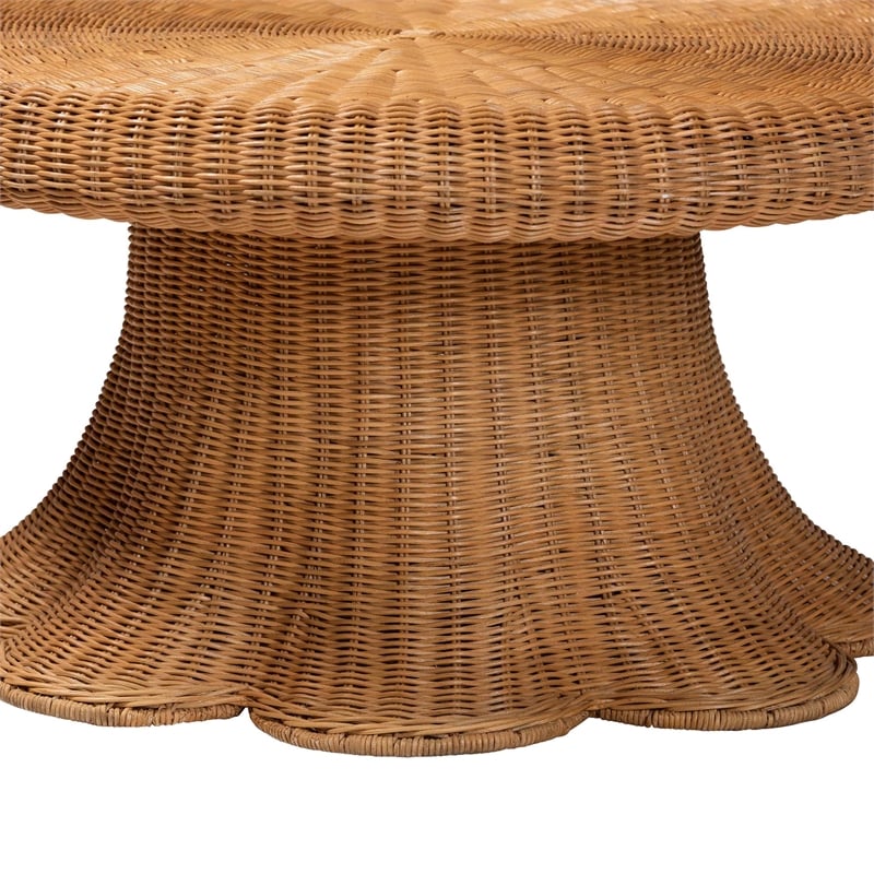bali & pari Avalon Natural Rattan Coffee Table with Scalloped Pedestal Base