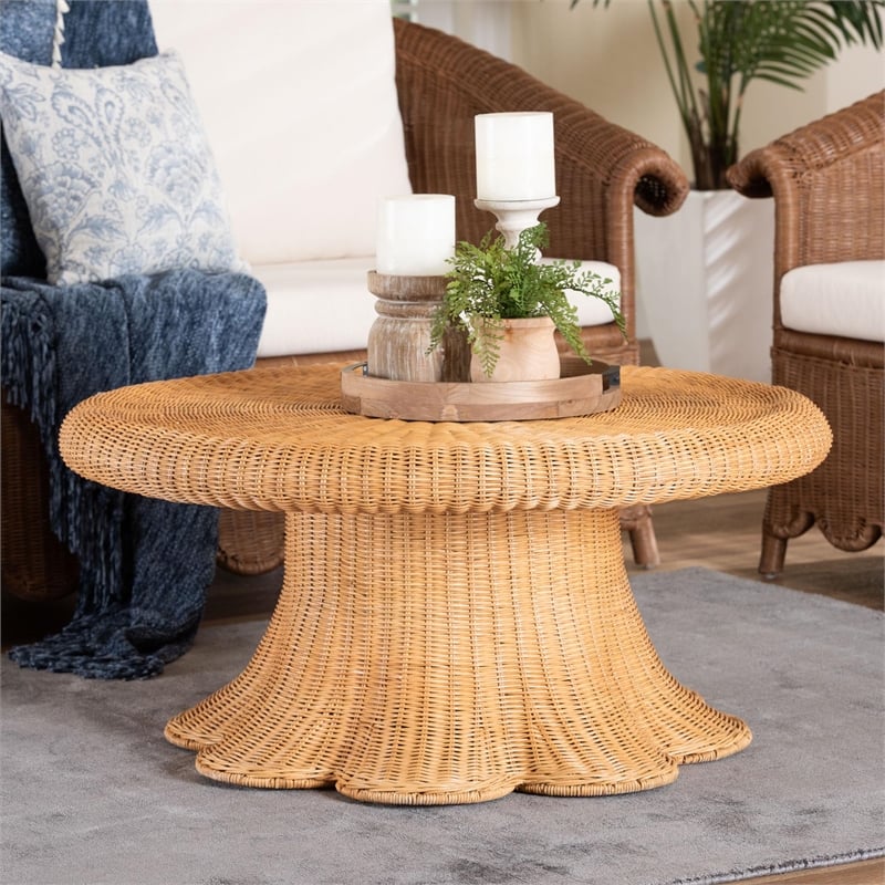 bali & pari Avalon Natural Rattan Coffee Table with Scalloped Pedestal Base