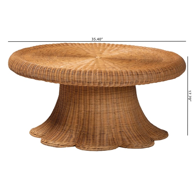bali & pari Avalon Natural Rattan Coffee Table with Scalloped Pedestal Base