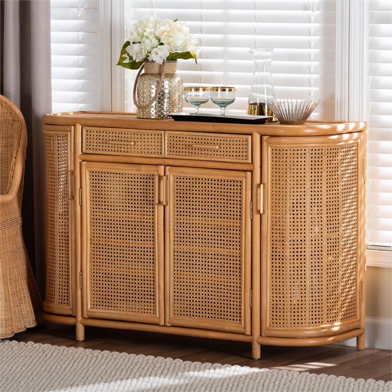 bali & pari McKenna Natural Rattan Sideboard - Handwoven Wicker Buffet Credenza