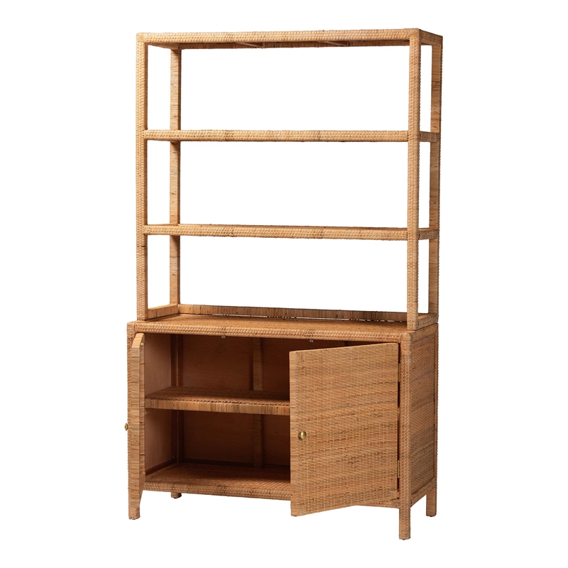 bali & pari Mortis Natural Rattan Display Shelf with 2-Door Storage Cabinet