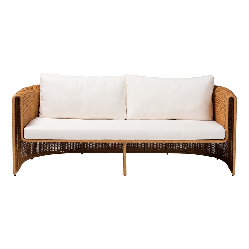 bali & pari Carina Natural Rattan Sofa with Cushion - Handwoven 3-Seater Couch