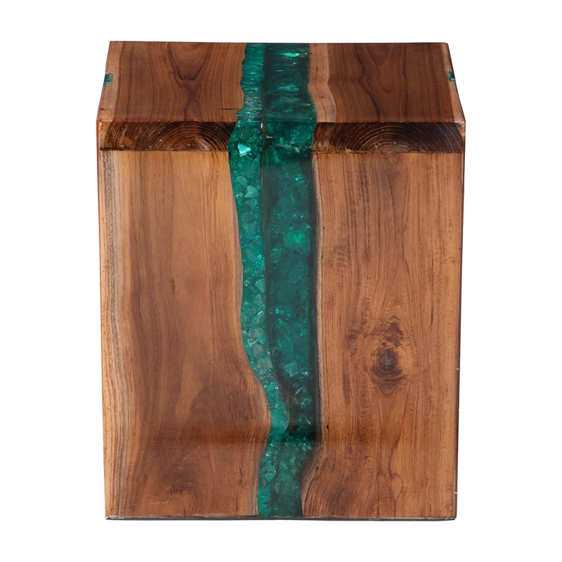 bali & pari Anan Teak Wood Epoxy Resin End Table Live Edge Cube Side Table