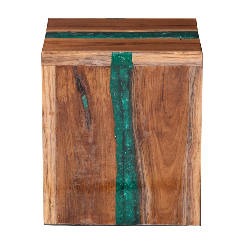bali & pari Anan Teak Wood Epoxy Resin End Table Live Edge Cube Side Table