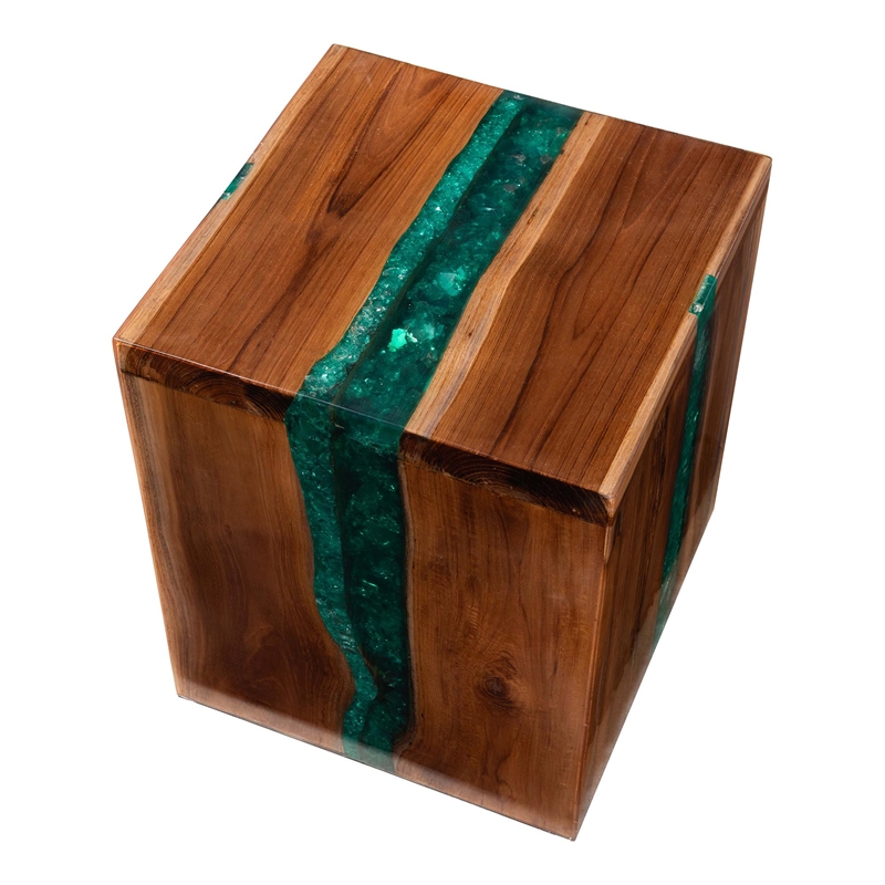 bali & pari Anan Teak Wood Epoxy Resin End Table Live Edge Cube Side Table