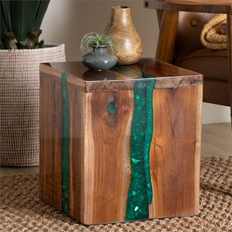 bali & pari Anan Teak Wood Epoxy Resin End Table Live Edge Cube Side Table