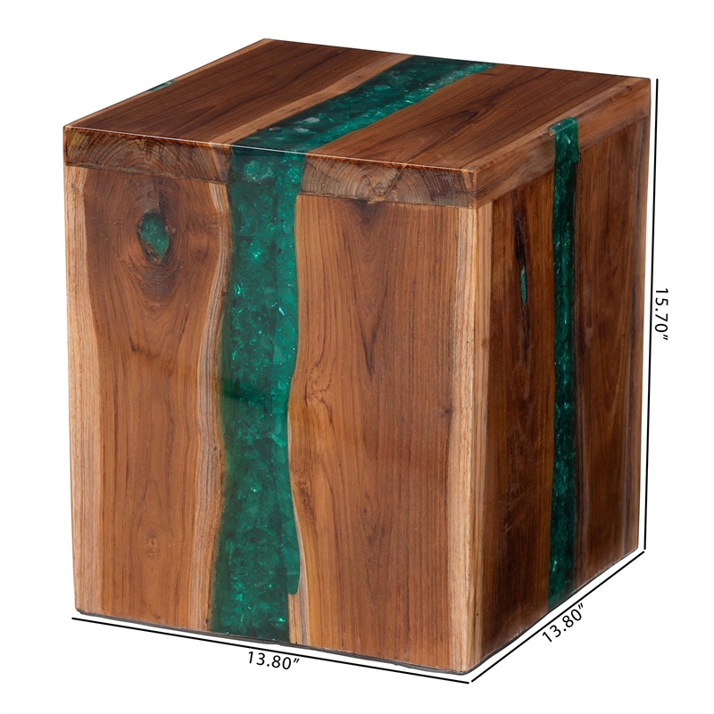 bali & pari Anan Teak Wood Epoxy Resin End Table Live Edge Cube Side Table