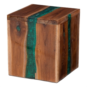 bali & pari Anan Teak Wood Epoxy Resin End Table Live Edge Cube Side Table