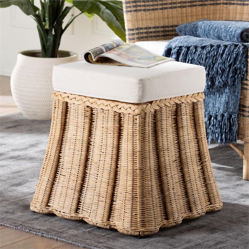 bali & pari Rotem Natural Rattan Ottoman with Cushion