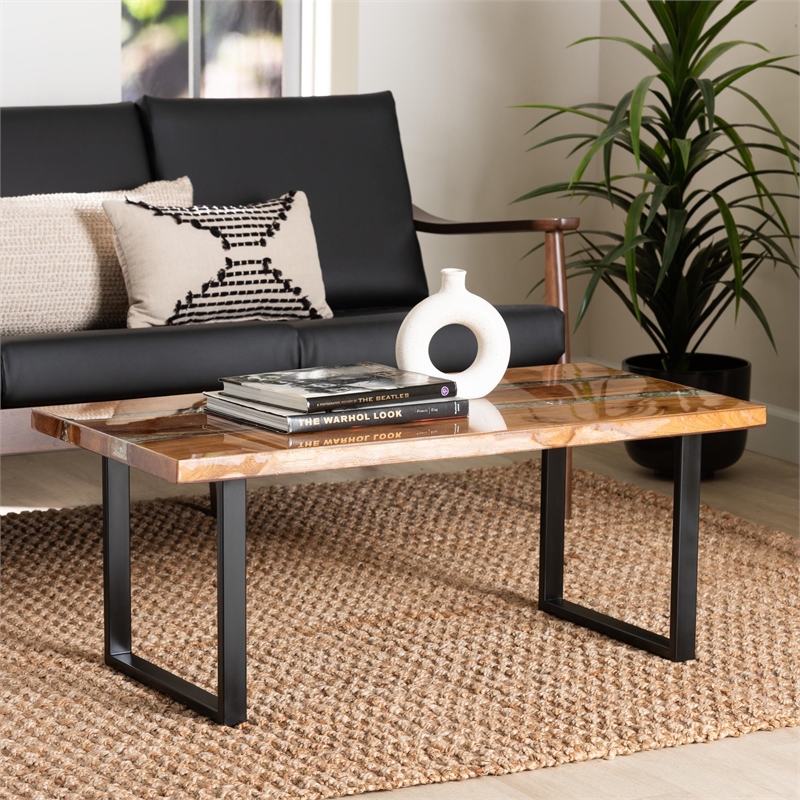 bali pari Apio Wood Epoxy Resin Coffee Table with Glass Inlay