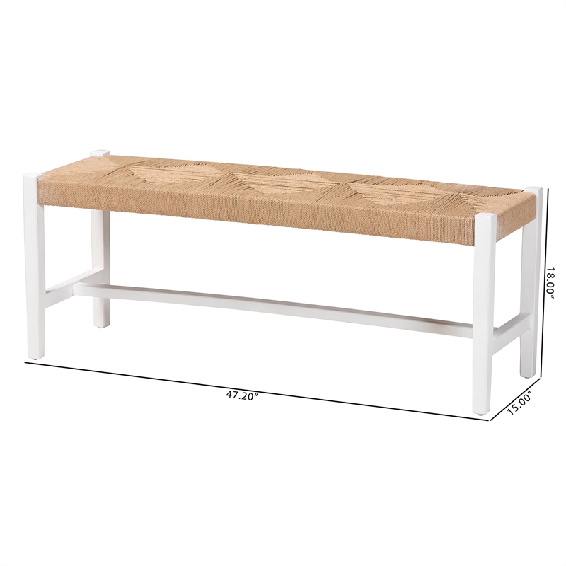 bali & pari Prita Woven Paper Loom Bench with Mahogany Wood Frame White