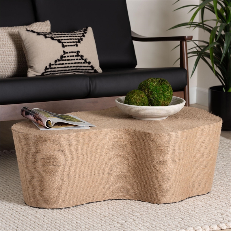 bali & pari Edna Natural Jute Coffee Table Textured Handwoven Irregular Shape
