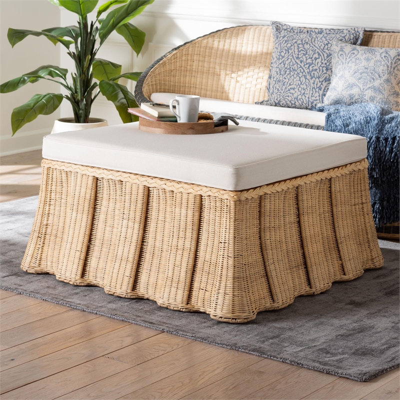 bali & pari Rotem Natural Rattan Ottoman with Cushion