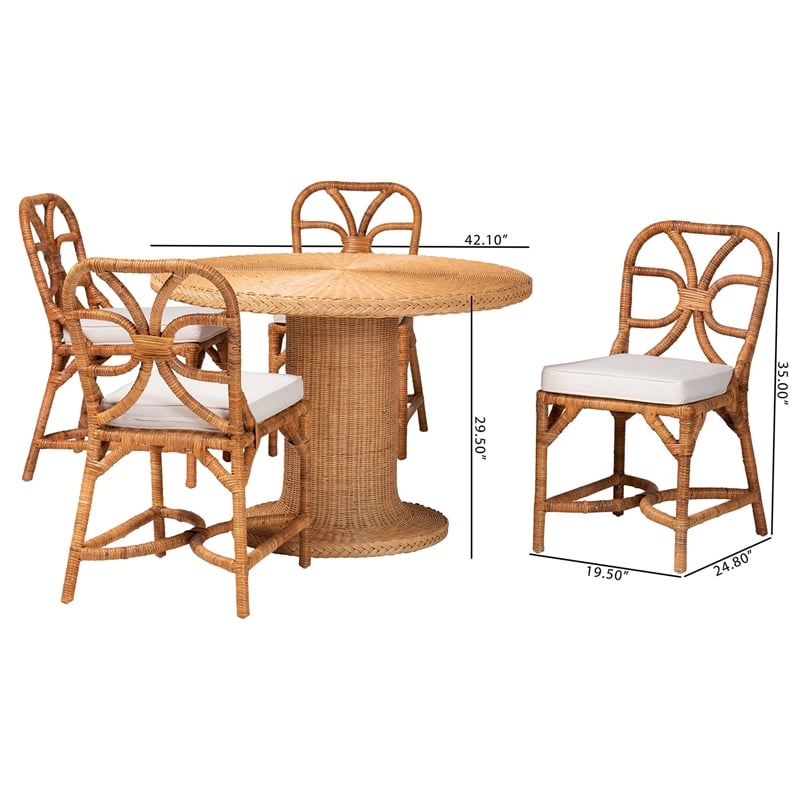 bali & pari Wilmer 5-Piece Rattan Dining Set Round Wicker Table Light Honey