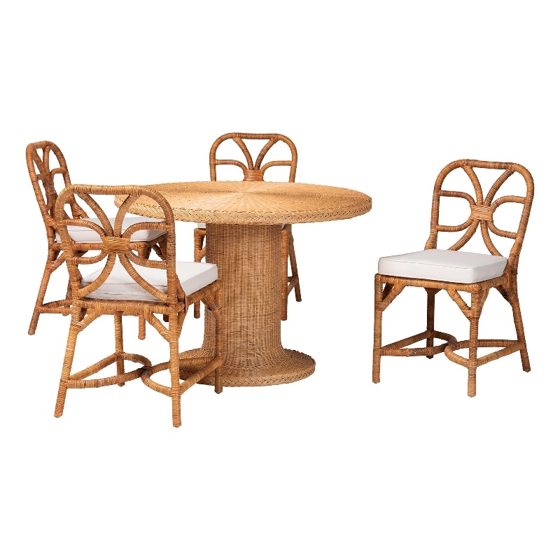 bali & pari Wilmer 5-Piece Rattan Dining Set Round Wicker Table Light Honey
