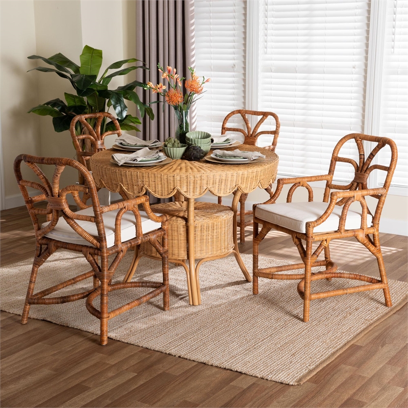 bali & pari Trevor 5-Piece Rattan Dining Set Round Wicker Table Light Honey