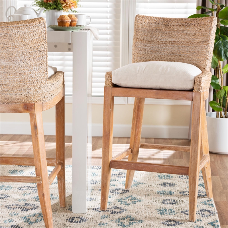 bali & pari Ridley Seagrass Bar Stool with Mahogany Wood Frame Whitewash