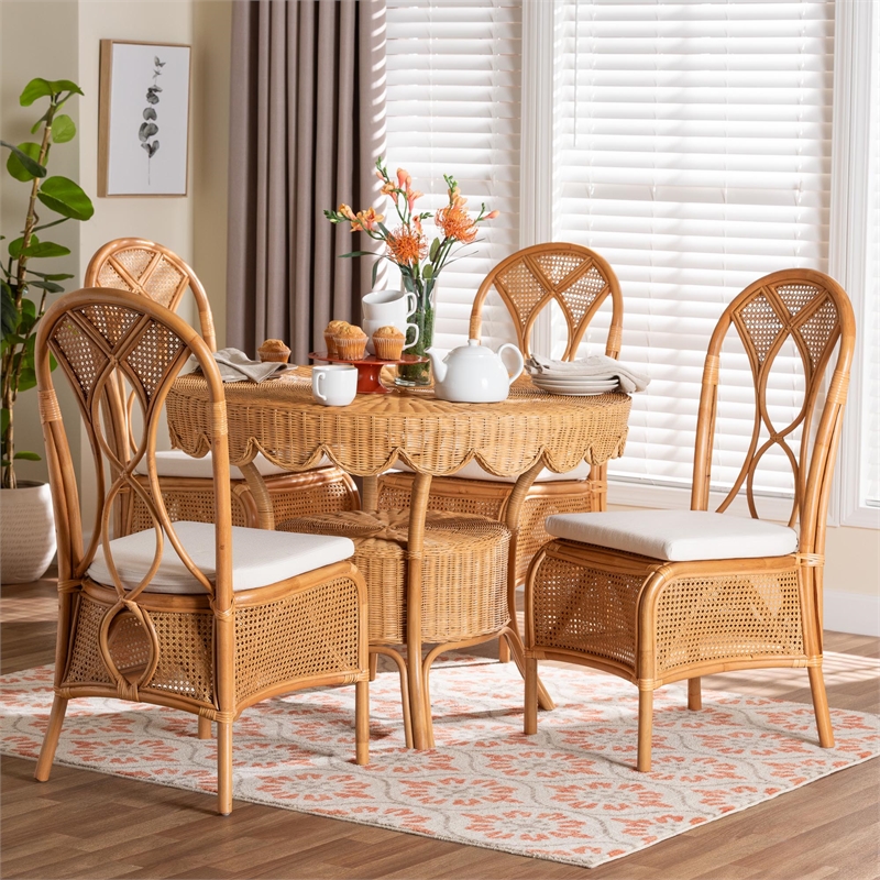 bali & pari Tony 5-Piece Natural Rattan Dining Set with Round Table and 4 Chairs