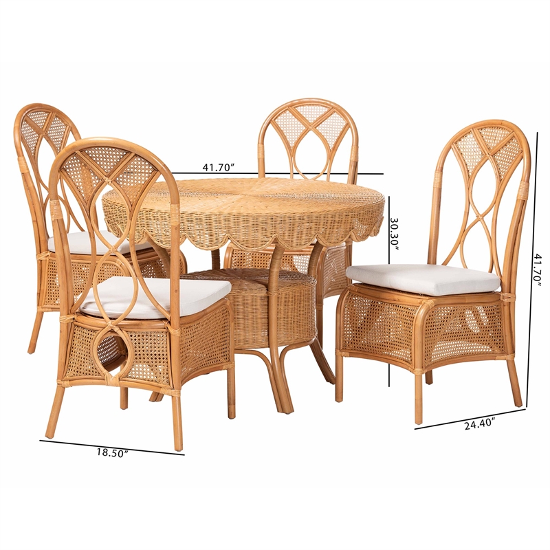 bali & pari Tony 5-Piece Natural Rattan Dining Set with Round Table and 4 Chairs