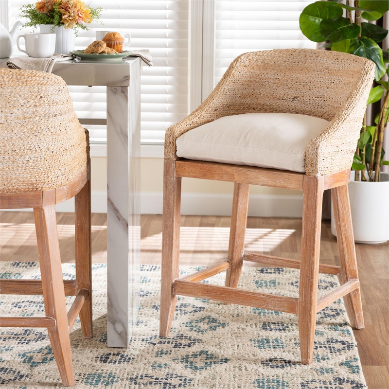 bali & pari Jasper Seagrass Counter Stool with Mahogany Wood Frame Whitewash