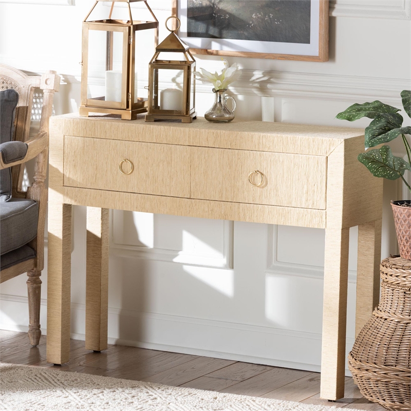 bali & pari Noah Grasscloth 2-Drawer Console Table Woven Texture Light Brown