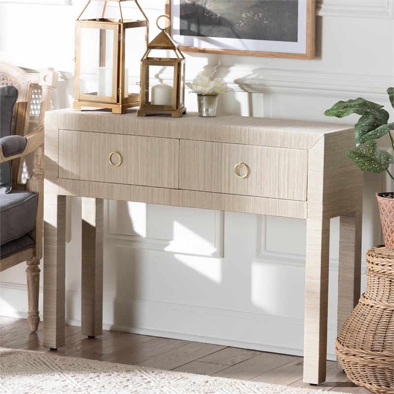bali & pari Noah Grasscloth 2-Drawer Console Table Woven Texture Beige